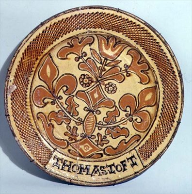 Staffordshire miska, cca 1680 (slipware) od Thomas Toft