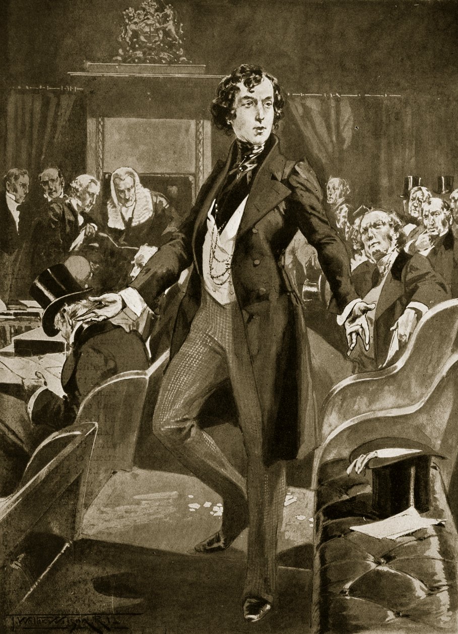 Disraeliho první projev v Dolní sněmovně, ilustrace z „Hutchinsonova příběhu britského národa“, kolem roku 1923 (litho) od Thomas Walter Wilson