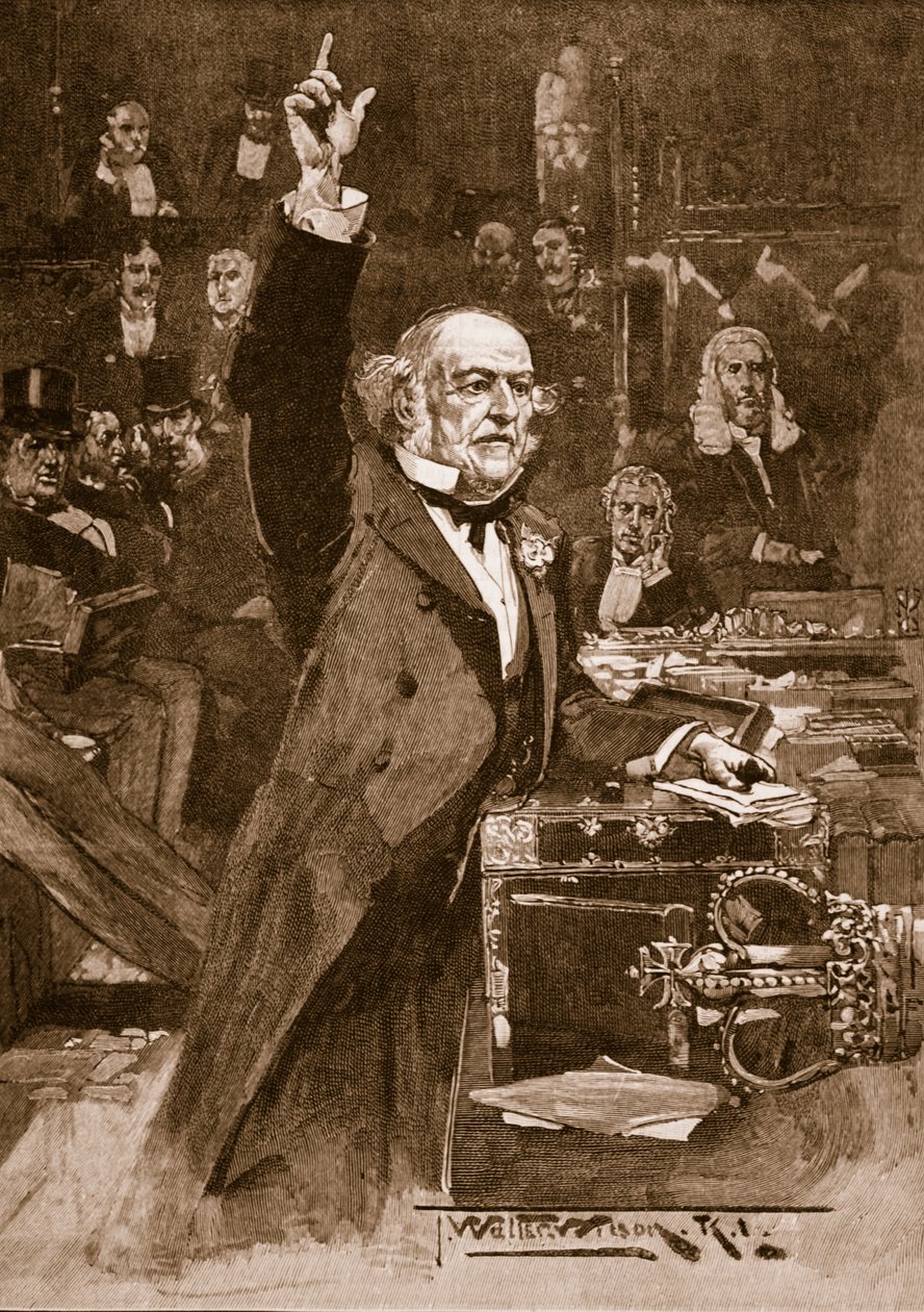 Představení zákona o domově vládě: Pan Gladstone přednáší svou peroraci, 1886, ilustrace z „Cassell