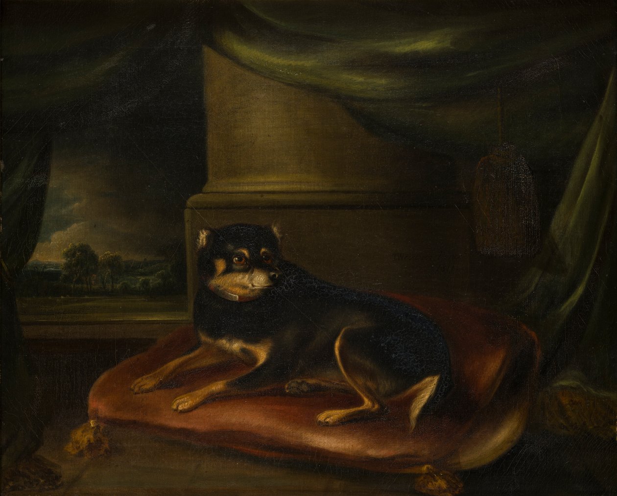 Oblíbený teriér na červeném polštáři, kolem 1794-1843 (olej na plátně) od Thomas Weaver