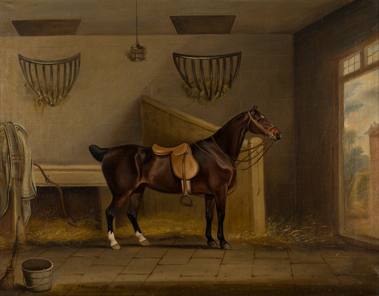 Osedlý Bay Hunter ve stáji, kolem roku 1819 (olej na plátně) od Thomas Weaver