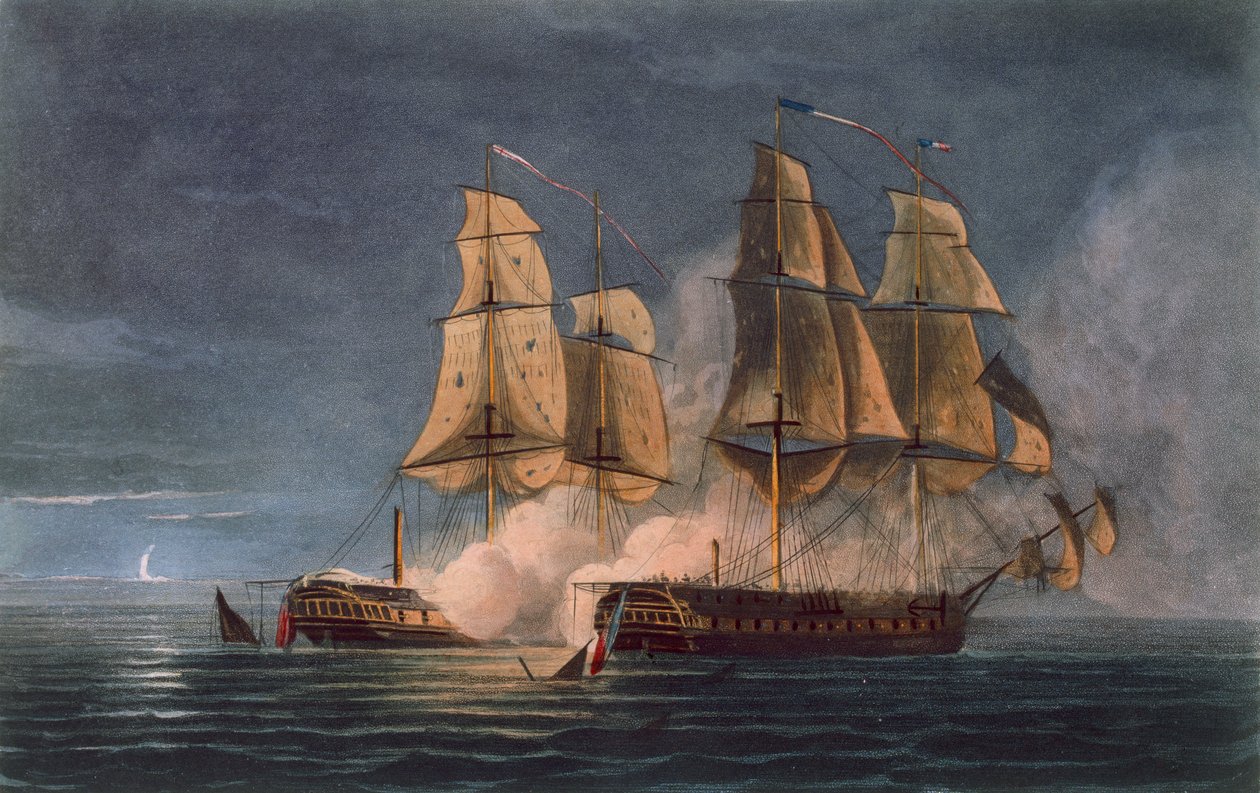 Zachycení Thetis HMS Amethyst, 10. listopadu, 1808, vyryto T. Sutherlandem pro „Námořní chronologii Velké Británie“ od J. Ralfe, vydáno 1820 od Thomas Whitcombe