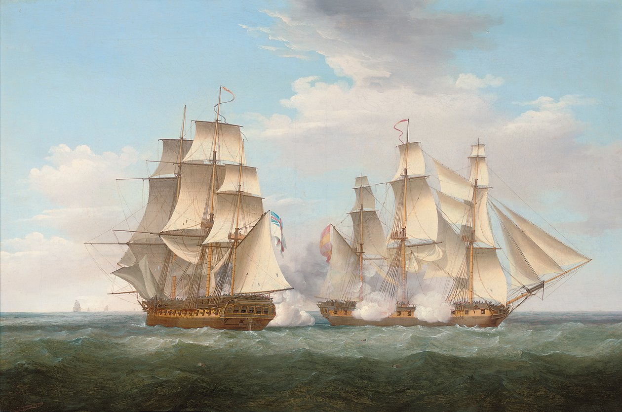 H.M.S. Ethalion v akci se španělskou fregatou Thetis u mysu Finisterre, 16. října 1799, 1800 od Thomas Whitcombe