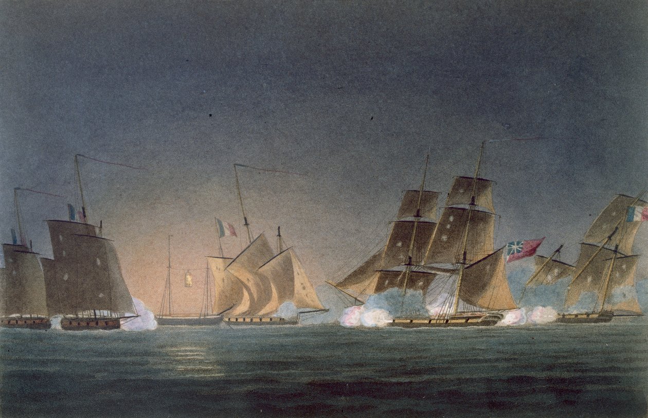 HMS Rinaldo angažující čtyři francouzské lupiče, vyrylo J. Bailey pro „Námořní chronologii Velké Británie“ od J. Ralfe, vydáno 1820 od Thomas Whitcombe