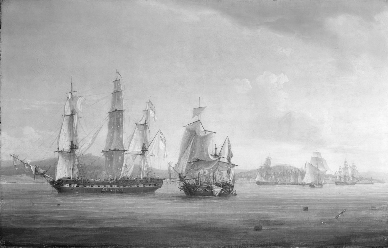 HMS "Spartan" a francouzská a neapolská námořní eskadra, konec boje, 3. května 1810, Neapolský záliv, Itálie. Olej na plátně od Thomas Whitcombe