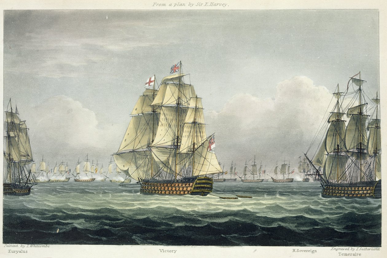 HMS Victory plující pro francouzskou linii lemovanou Euryalem a HMS Temeraire v bitvě u Trafalgaru, 21. října 1805, vyryto T. Sutherlandem pro „Námořní chronologii Velké Británie“ od Thomas Whitcombe