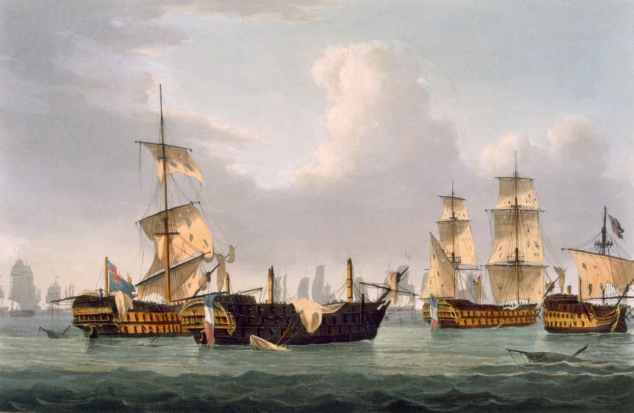 Akce lorda Hothama, 14. března 1795, vyryl Thomas Sutherland pro knihu J. Jenkinse "Naval Achievements", 1816 (barevná rytina) od Thomas Whitcombe