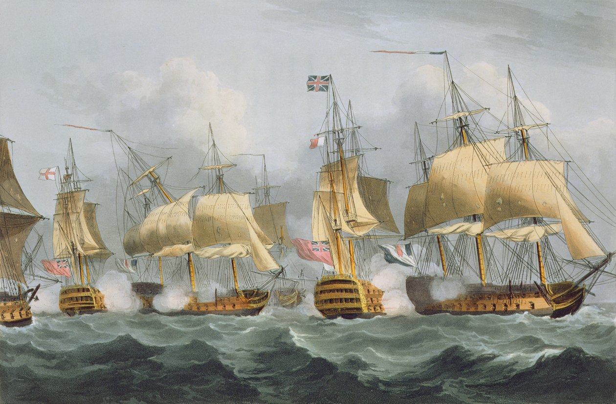 Lord Howe v Queen Charlotte, Breaking the Enemy Line, 29. května 1794, vyryto Thomasem Sutherlandem pro „Naval Achievements“ J. Jenkinse, 1816 (barevná rytina) od Thomas Whitcombe