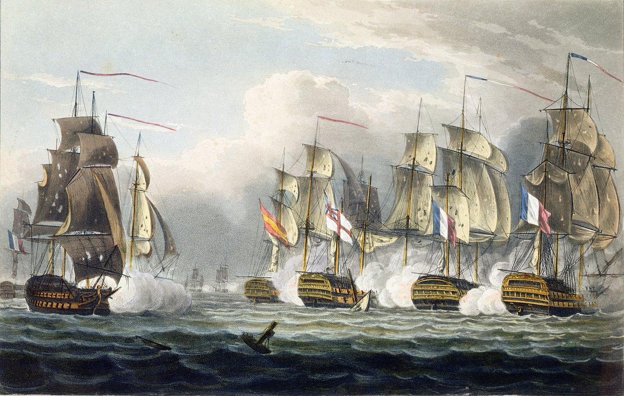 Situace HMS Bellerophon po smrti jejího velitele kapitána Cookea v bitvě u Trafalgaru, 21. října 1805, vyryl T. Sutherland pro „The Naval Chronology of Great Britain“ od od Thomas Whitcombe