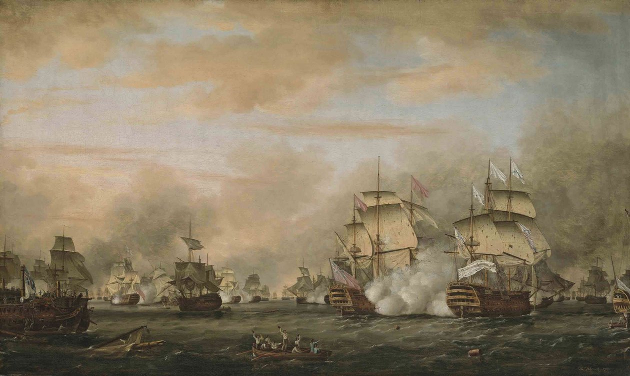 Bitva u Saintes, 12. dubna 1782. HMS Barfleur útočí na francouzskou vlajkovou loď Ville de Paris od Thomas Whitcombe