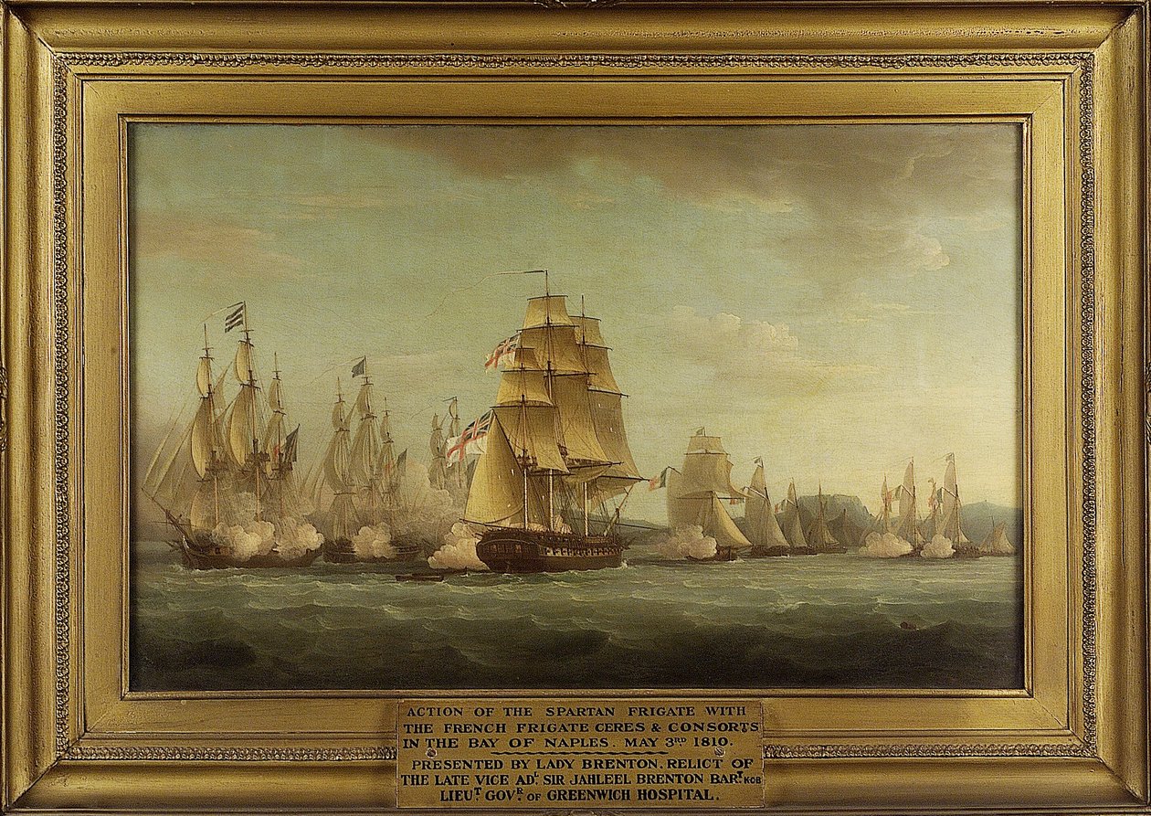 HMS Spartan a francouzské fregaty: začátek bojů, 3. května 1810, Neapolský záliv (Itálie). Olej na plátně od Thomas Whitcombe