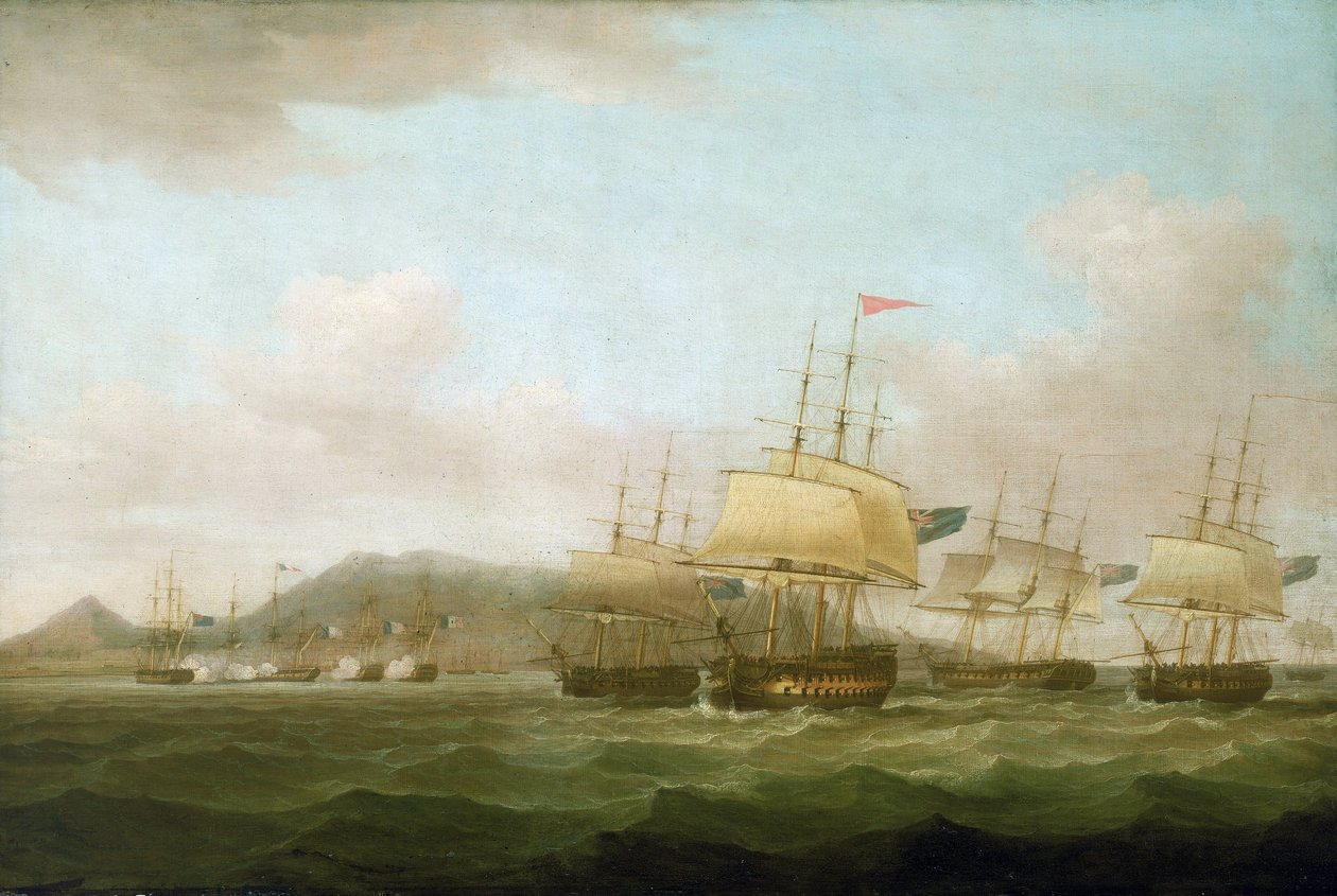 Dobytí Saint Paul u ostrova Bourbon (dnes ostrov Réunion) britskou flotilou 21. září. od Thomas Whitcombe