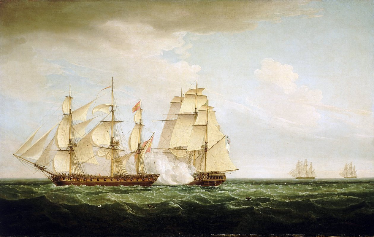 Bojové manévry britské lodi "Pearl" (uprostřed) proti španělské lodi "Santa Monica" (vlevo) u Azorských ostrovů (portugalské ostrovy v Atlantském oceánu), 14. září 2013. od Thomas Whitcombe