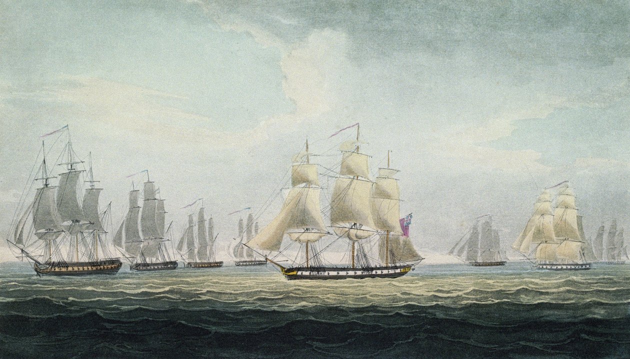 Námořní manévr sira Grahama Moora (1764-1843), velitele eskadry čtyř fregat britského královského námořnictva, která 5. října u španělského Cádizu zajala španělskou flotilu s pokladem. od Thomas Whitcombe