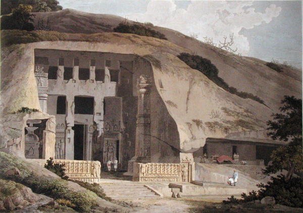 Vykopaný chrám na ostrově Salsette, deska III z „Oriental Scenery“, publikovaná v roce 1799 (barevná akvatinta) (viz 136976) od Thomas und William Daniell