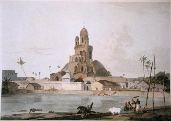 Pagoda Govindy Ram Mittee, Kalkata, deska V z „Oriental Scenery“, vydaná v roce 1800 (barevná akvatinta) od Thomas und William Daniell