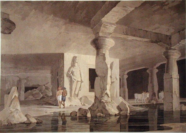 Část chrámu slonů, deska VIII z „Oriental Scenery“, vydaná 1800 (barevná akvatinta) od Thomas und William Daniell