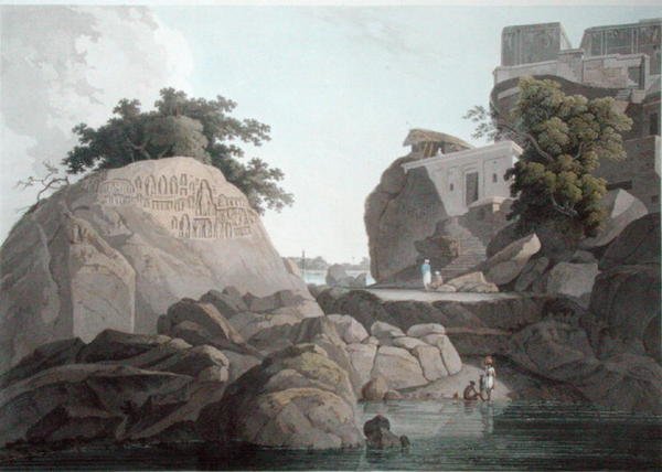 South East View of the Fakeers Rock na řece Ganga, poblíž Sultaungunge, deska X z „Oriental Scenery“, publikovaná v roce 1800 (barevná akvatinta) (viz také 86311) od Thomas und William Daniell