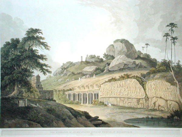 Vchod do vykopaného hinduistického chrámu v Mavalipuram, deska 53 z „Oriental Scenery: Twenty Four Views in Hindoostan“, publikované v roce 1797 (barevné litho) od Thomas und William Daniell
