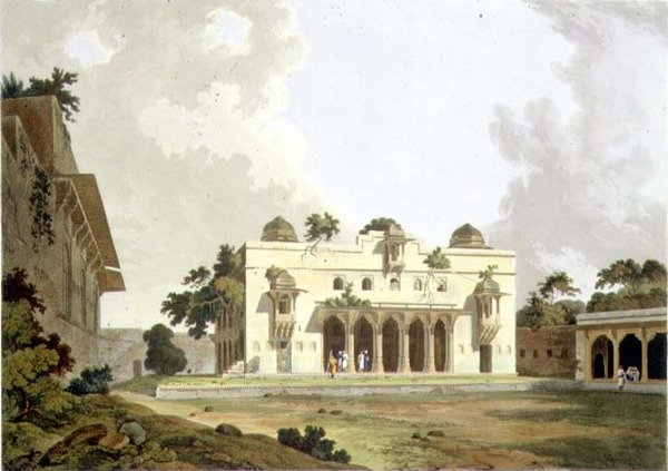 Ruiny v Rotas Gur, Bahar, deska II z části 4 „Oriental Scenery“, hospoda. 1801 (aquatint) od Thomas und William Daniell