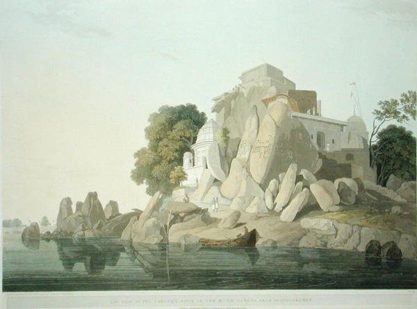 S.W. Pohled na skálu Fakeers Rock v řece Ganga poblíž Sultaungunge, deska 61 z „Oriental Scenery: Twenty Four Views in Hindoostan“, vydané v roce 1800 (barevné litho) od Thomas und William Daniell