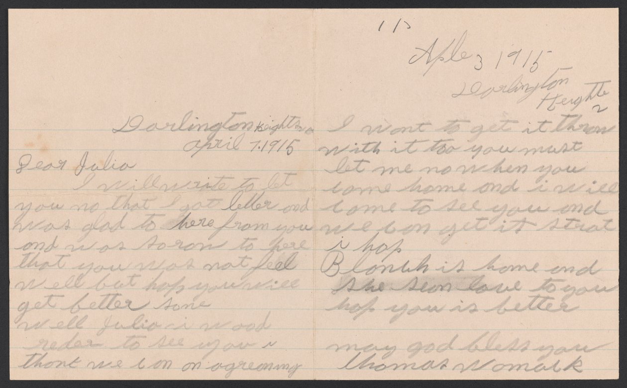 Dopis Thomase Womacka Julii Womack s obálkou, 7. dubna 1915. od Thomas Womack