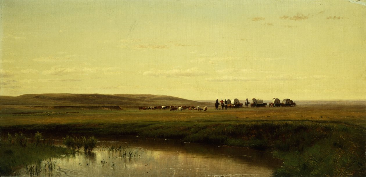 Vagónový vlak na pláních, řeka Platte, od Thomas Worthington Whittredge