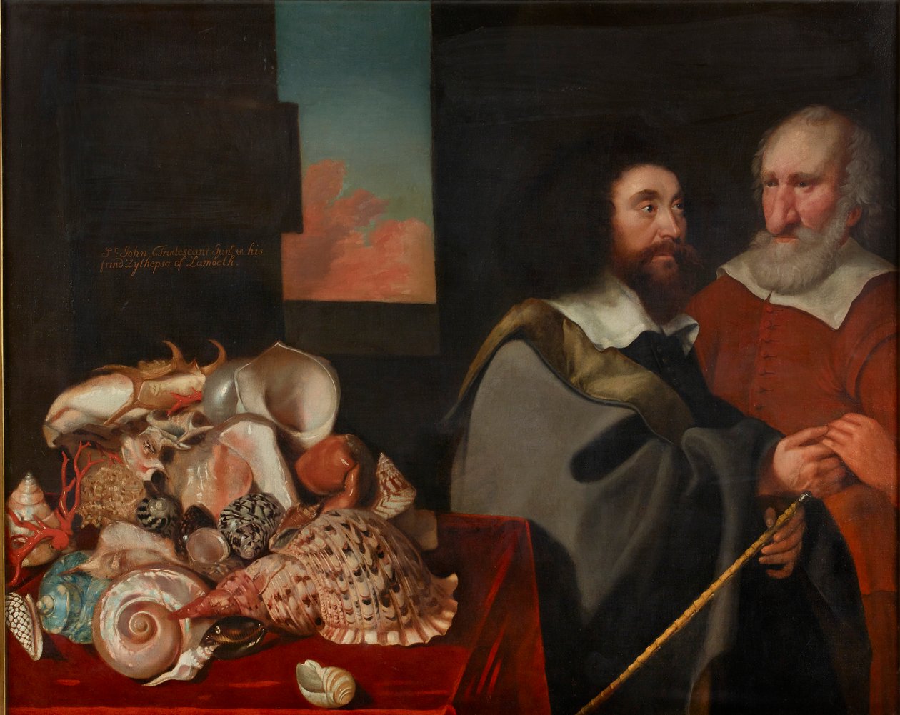 John Tradescant mladší s Rogerem Friendem a sbírkou exotických mušlí, 1645 od Thomas de Critz
