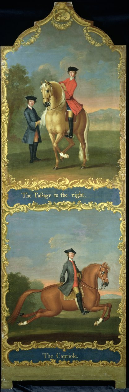 „The Passage to the Right“ (nahoře) a „The Capriole“ (dole), kolem roku 1750 od Thomas, of Pall Mall Butler