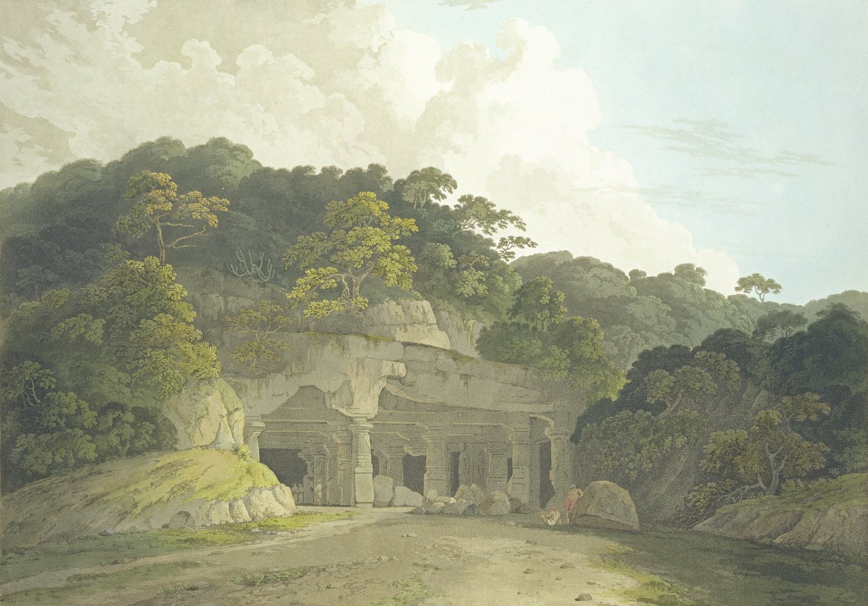 Vchod do jeskyně Elephanta, deska 58 z „Oriental Scenery: Twenty Four Views in Hindoostan“, vydaného roku 1800 od Thomas und William Daniell