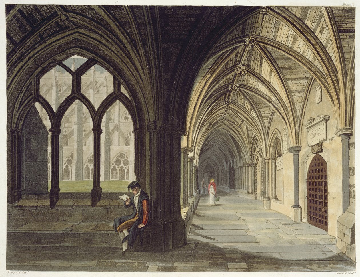 Jihovýchodní úhel křížové chodby, deska T z Westminsterského opatství, vyryl J. R. Hamble (fl. 1775-1825), vydal Rudolph Ackermann (1764-1834) 1812 (akvatinta) od Thompson