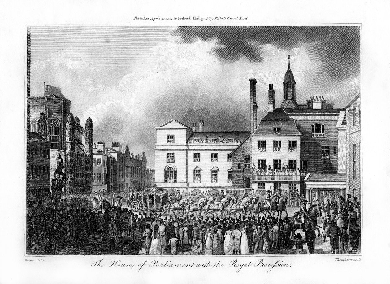 Sněmovna parlamentu s královským průvodem, Londýn, 1804. od Thompson