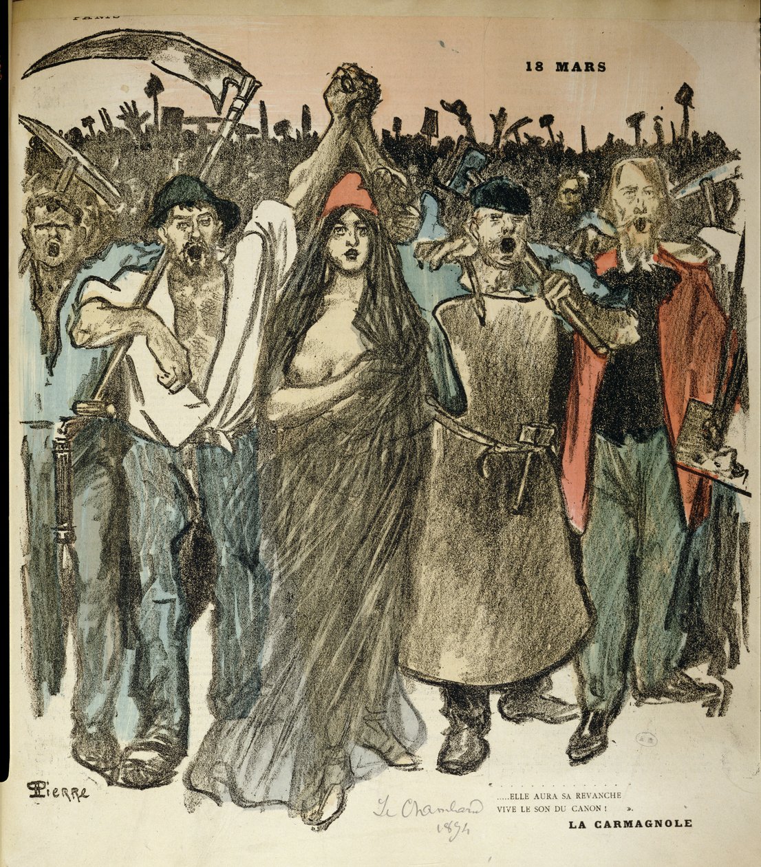 „La Carmagnole“, vlastenecká píseň francouzské revoluce, z „Le Chambard Socialiste“, 1894 od Théophile Alexandre Steinlen