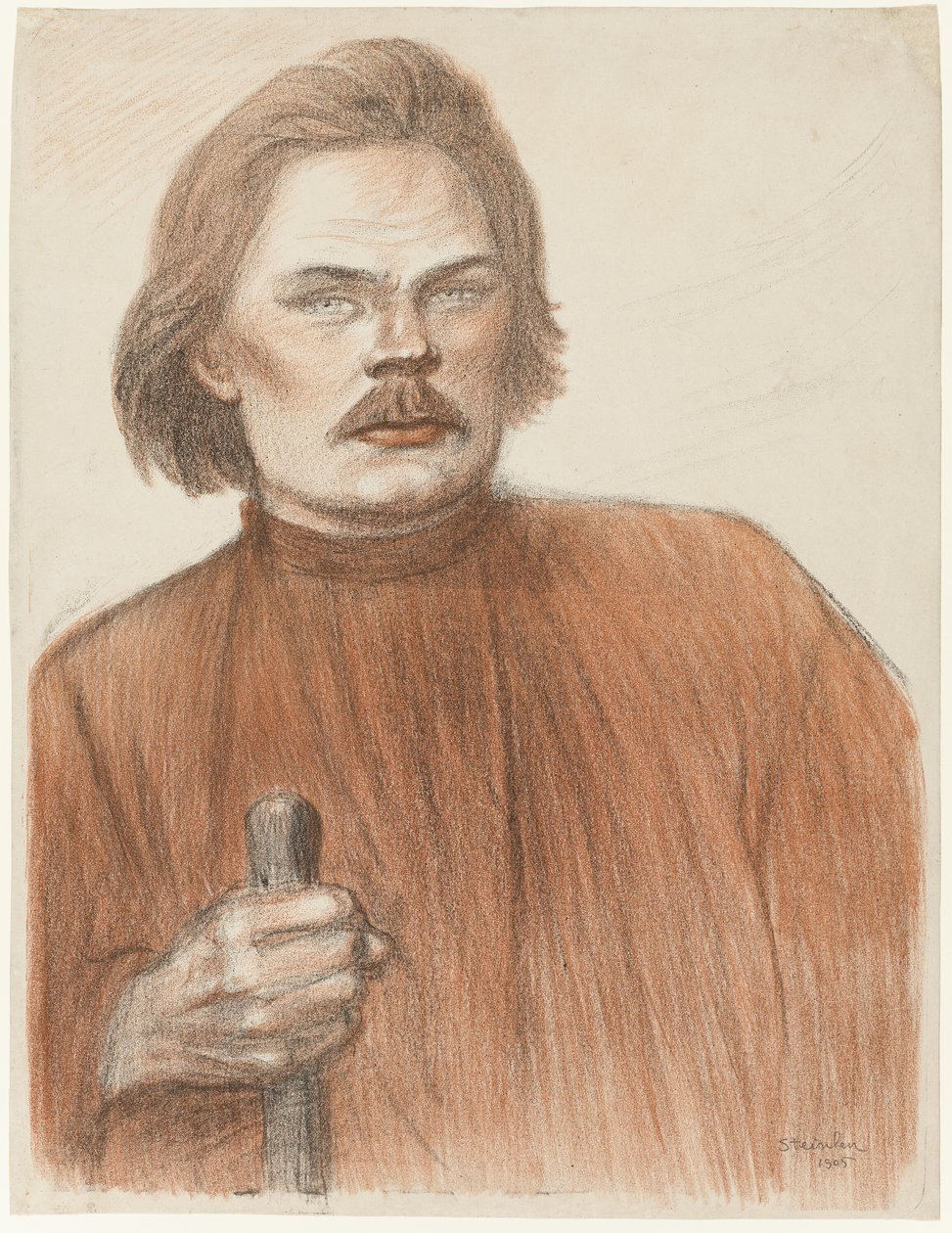 Frontální portrét Maxima Gorkého od pasu nahoru od Théophile Alexandre Pierre Steinlen