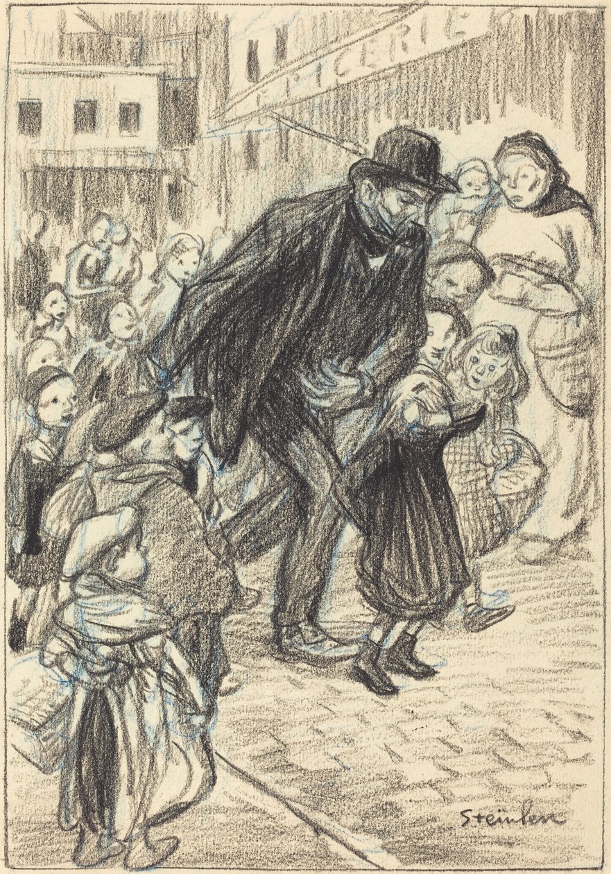 Muž na městské ulici, obklopený dětmi v Père, konec 19.-začátek 20. století. od Théophile Alexandre Steinlen