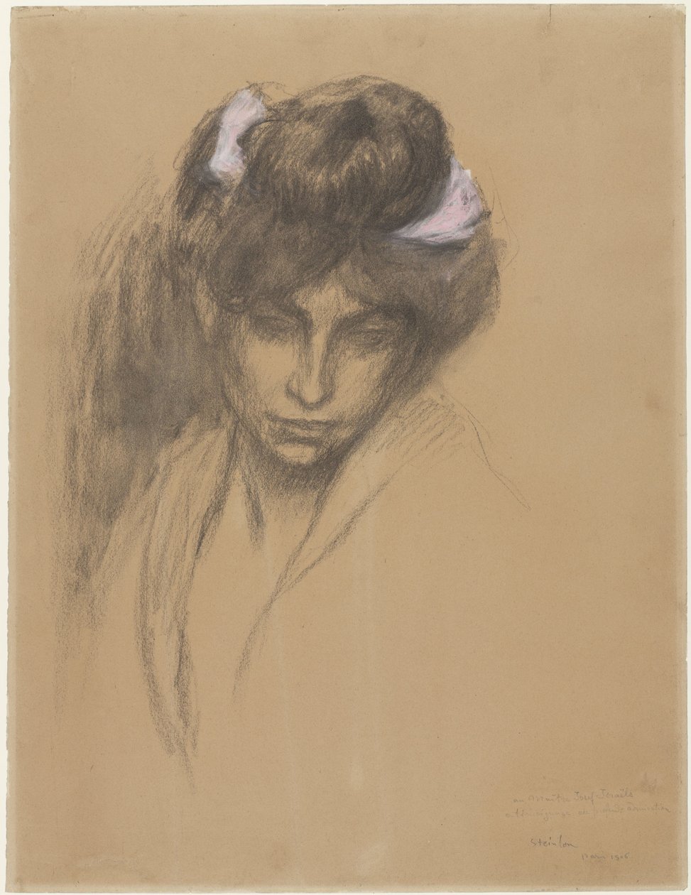 Tmavá dívčí hlava, těšící se dopředu, s fialovou stuhou namotanou ve vlasech od Théophile Alexandre Steinlen