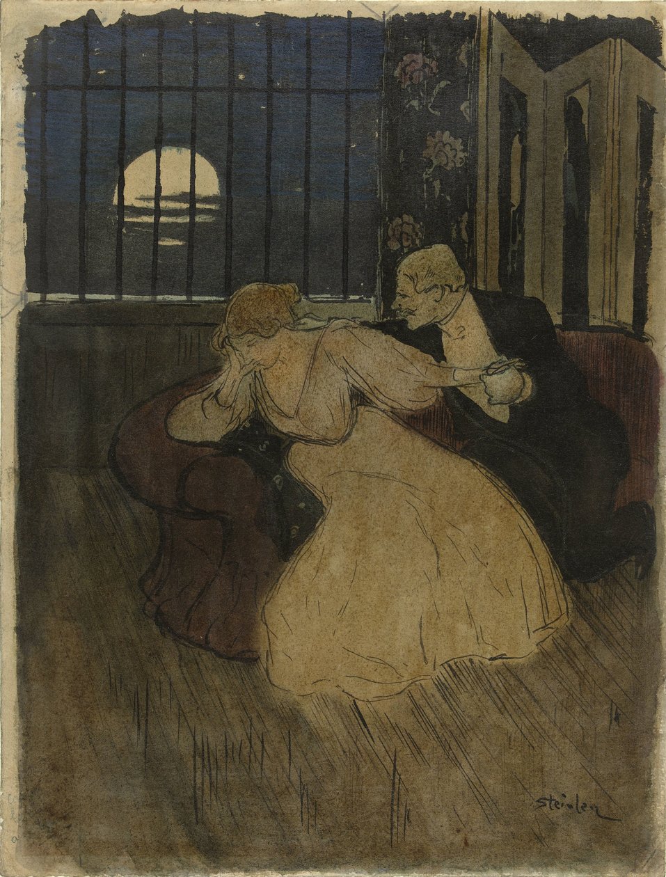 Gentleman v sukni se snaží přesvědčit pochybující dámu na pohovce od Théophile Alexandre Steinlen