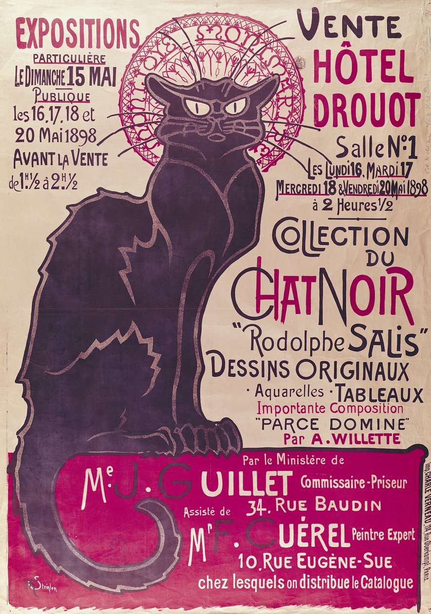 Plakát propagující výstavu kabaretu „Collection du Chat Noir“ v hotelu Drouot, Paříž, květen 1898 od Théophile Alexandre Steinlen