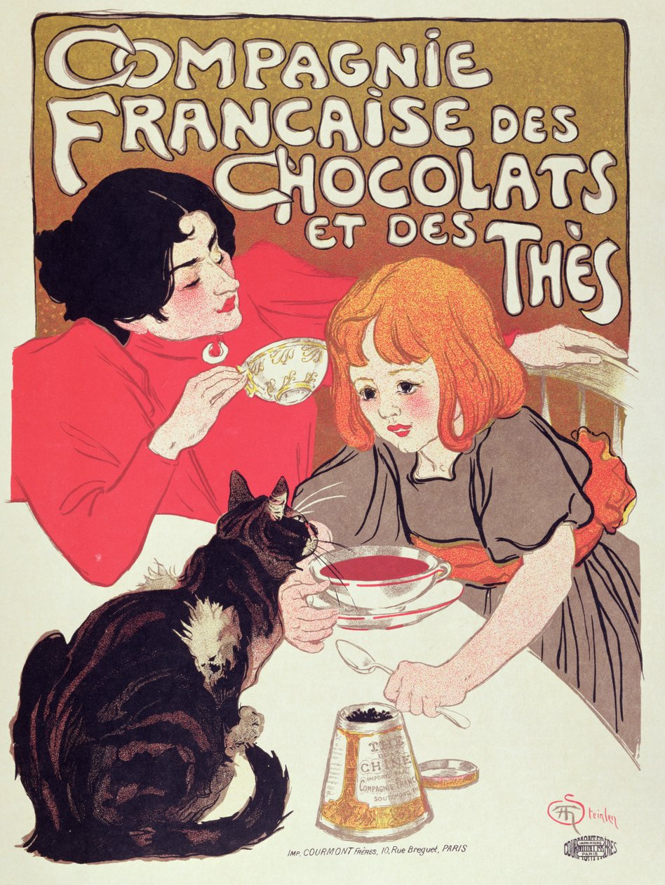 Plakát inzerující Compagnie Francaise des Chocolats et des Thes, kolem roku 1898 (barevné lito) od Théophile Alexandre Steinlen