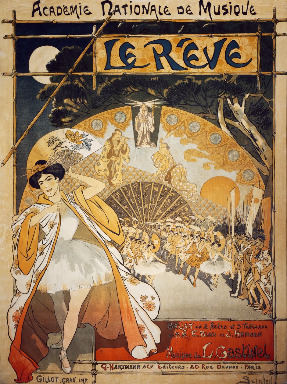 Plakát k Le Reve, balet Alfred-Edouard Blau a Joseph Hansen, hudba Leon Gastinel, Academie Nationale de Musique, Paříž, Vydalo Hartmann, Paříž od Théophile Alexandre Steinlen