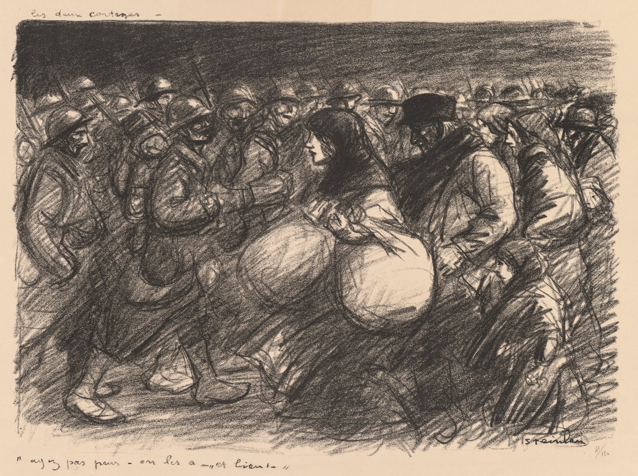 Válečné skeče: Dva průvody (Sketches de guerre: Les deux cortèges - "Ayez pas peur - on les a - et bien!") od Théophile Alexandre Steinlen