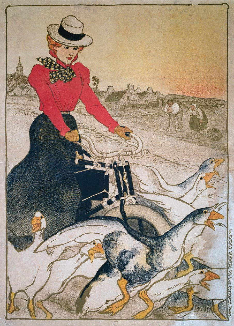 Žena na motorizovaném velocipedu a skupina hus od Théophile Alexandre Steinlen