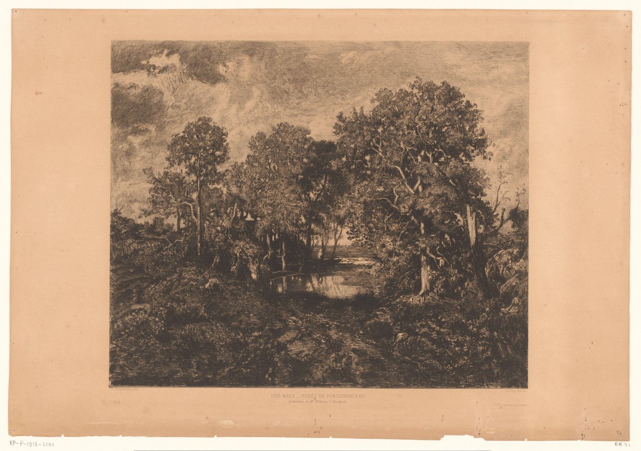 Pohled na les Fontainebleau s postavou u louže Une Mare - Forêt de Fontainebleau. (název na objektu) od Théophile Chauvel