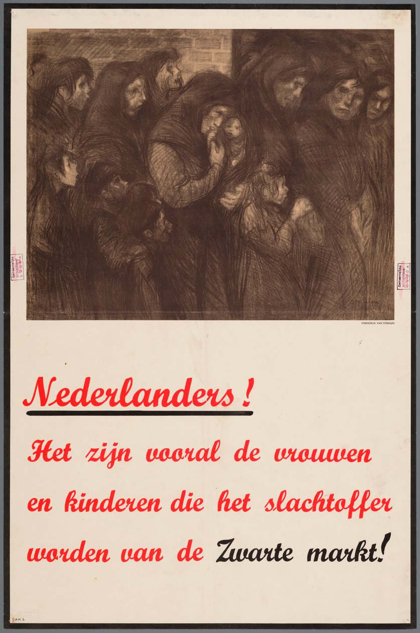 Oznámení Nizozemcům, že obětí černého trhu jsou zejména ženy a děti. od Theophile Steinlen