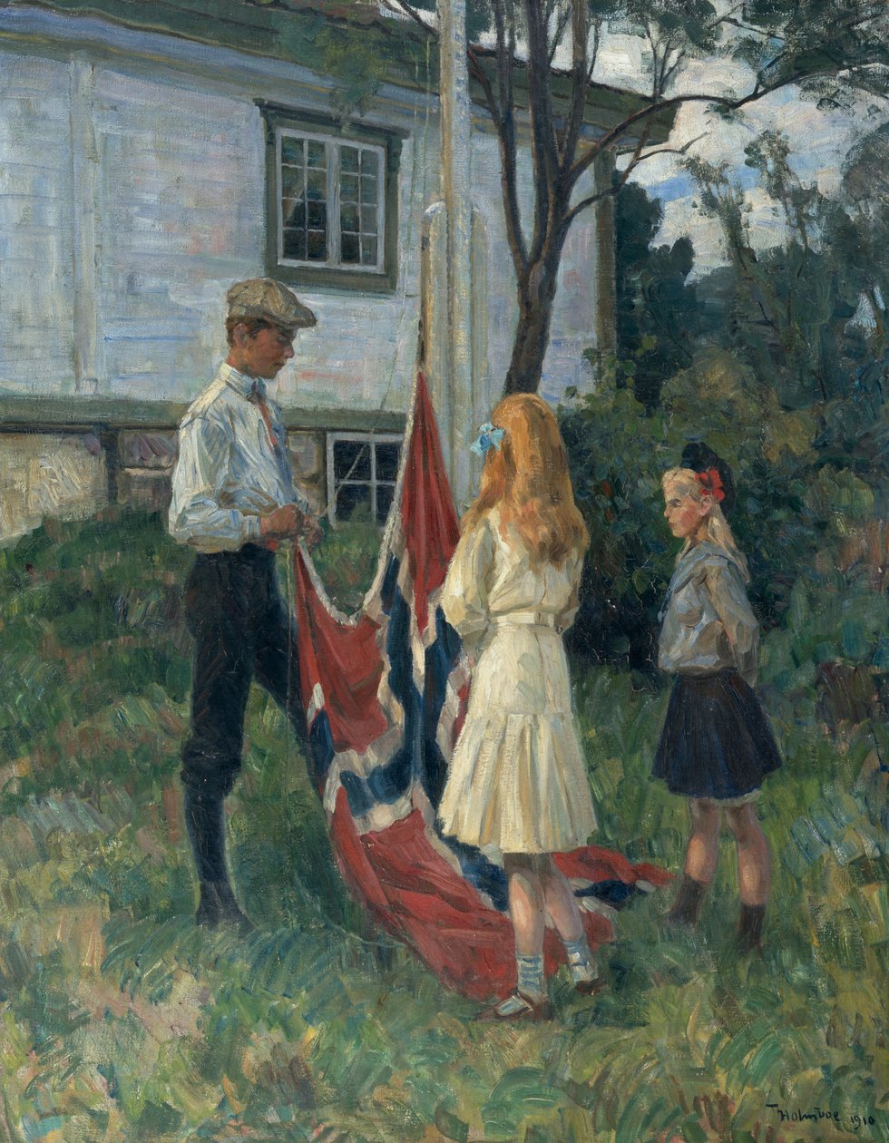 Děti vztyčují norskou vlajku od Thorolf Holmboe