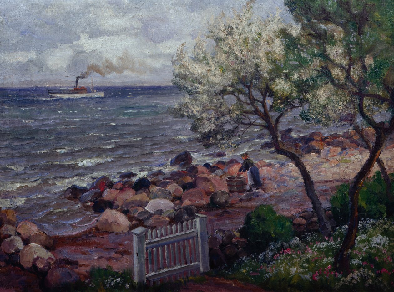 Letní krajina se zahradní bránou a ženou (olej na plátně) od Thorolf Holmboe