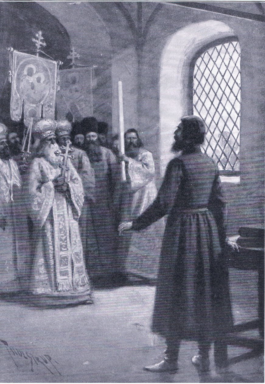 Boris Godunov v důchodu v klášteře prosil o přijetí svého zvolení carem, ilustrace z Landmarks in European History vydané nakladatelstvím Gresham Publishing Co, kolem roku 1920 (litho) od Thure de Thulstrup