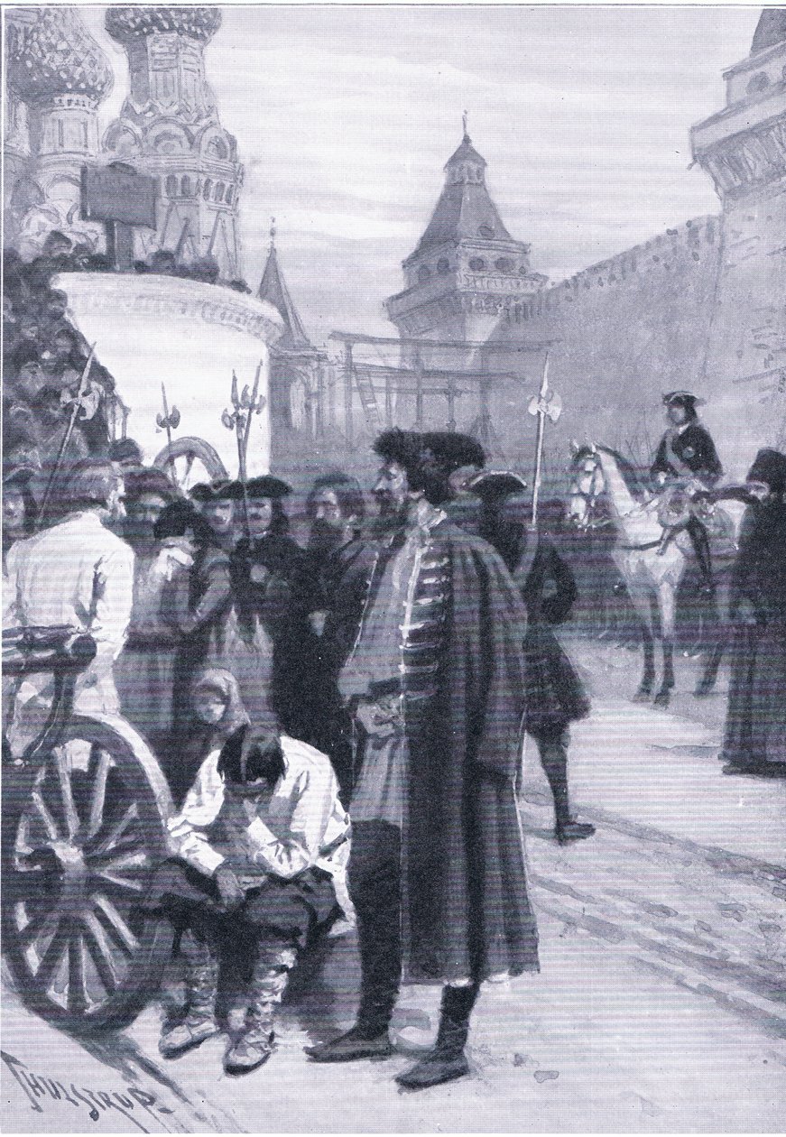 Poprava Strelitz na příkaz Petra Velikého, ilustrace z Landmarks in European History vydané nakladatelstvím Gresham Publishing Co, kolem roku 1920 (litho) od Thure de Thulstrup