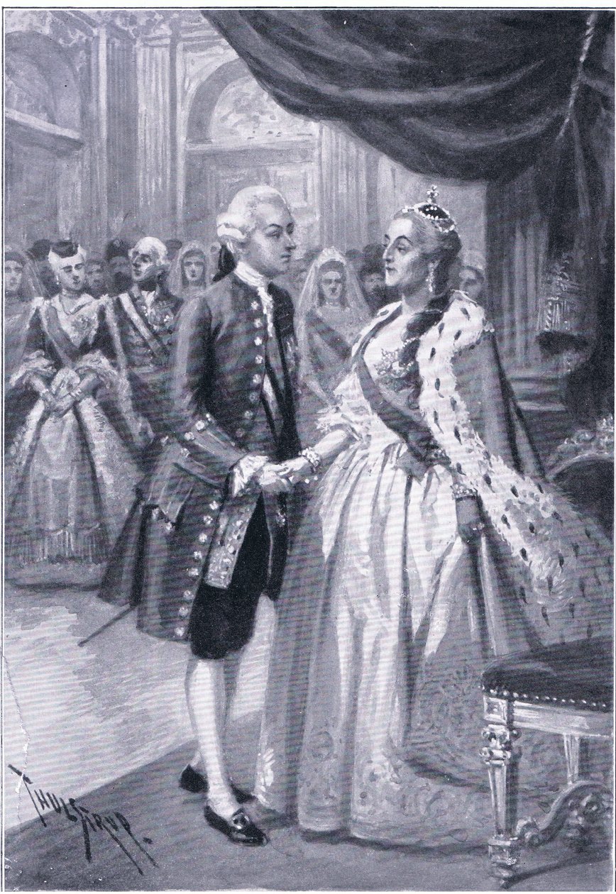 Setkání Kateřiny II. Ruska a Josefa II. Rakouska, ilustrace z Landmarks in European History vydané nakladatelstvím Gresham Publishing Co, kolem roku 1920 (litho) od Thure de Thulstrup