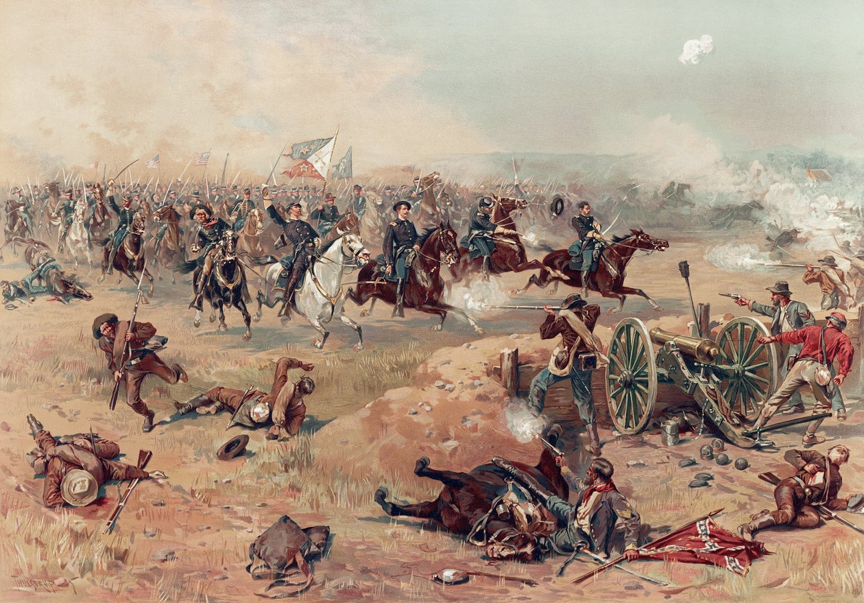 Sheridans Final Charge ve Winchesteru, hospoda. :. Prang & Co., 1886 (barevná litografie) od Thure de Thulstrup